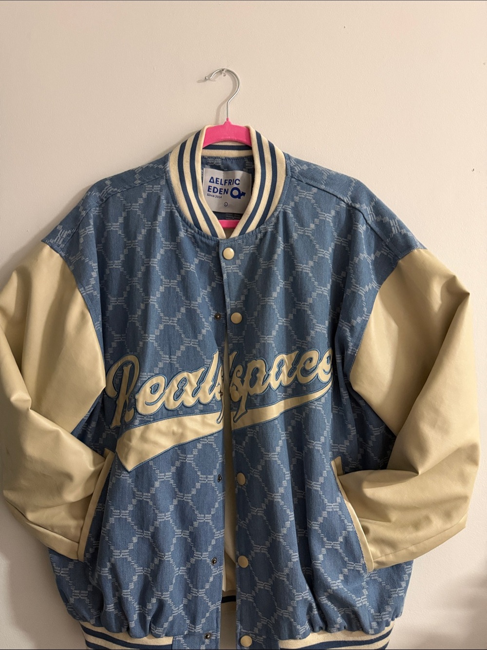 Aelfric Eden Blue Patterned Varsity Jacket with Cream Sleeves and Script